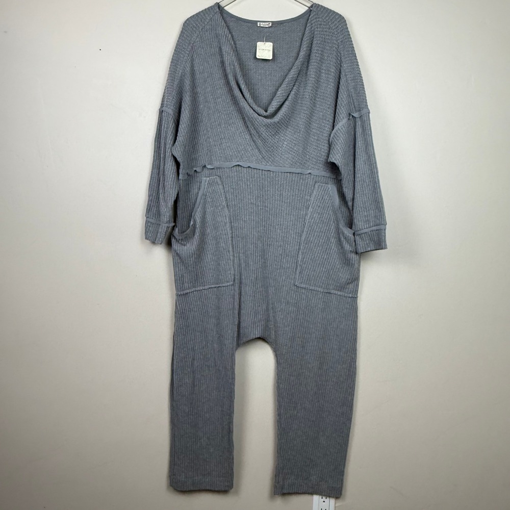 Free People Intimately Kickback Fall Jumpsuit Sz L Gray Thermal Waffle Knit NEW